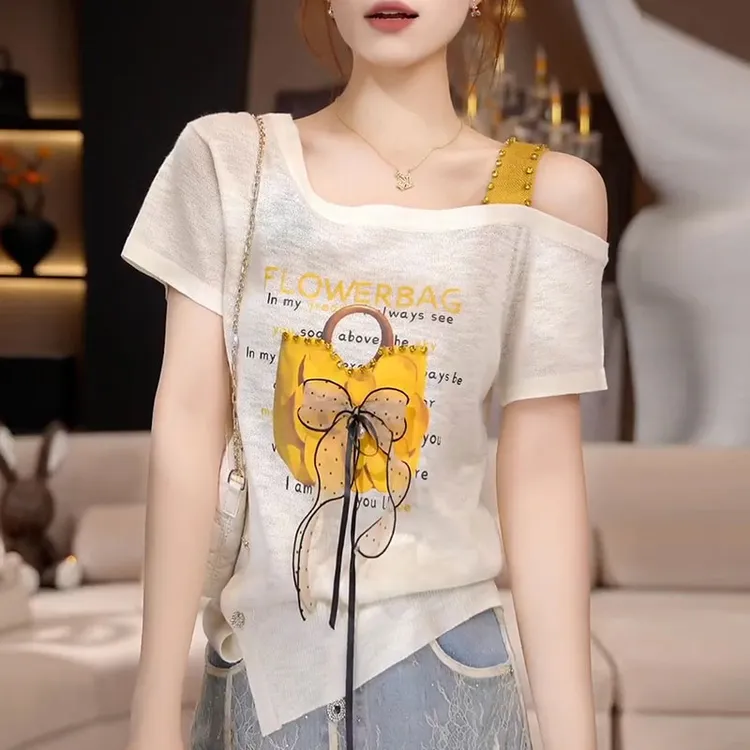 薄款手包印花蝴蝶露肩短袖针织衫女2025夏季新款显瘦气质T恤上衣