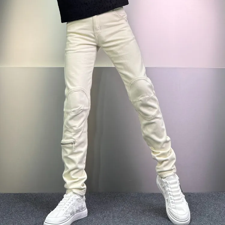 【修身直小脚裤】简约百搭弹力牛仔裤拼接拉链男牛仔修身小脚裤