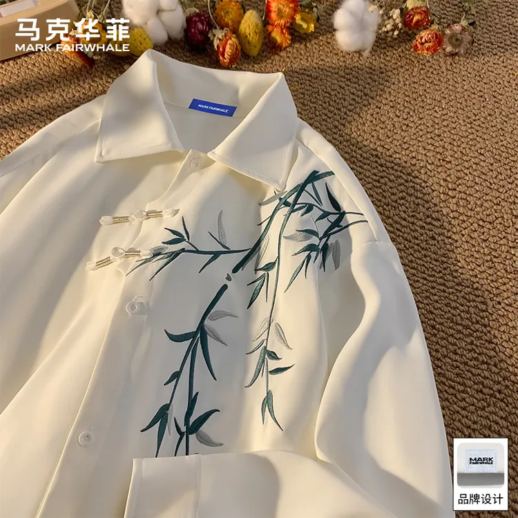 马克华菲新中式刺绣柱子长袖衬衫男2025秋季新款宽松百搭休闲衬衣