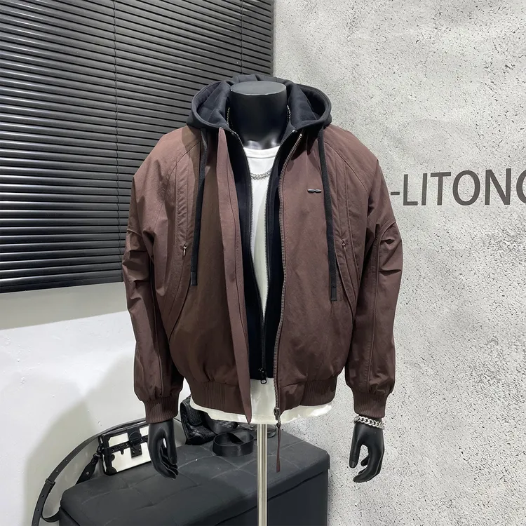 K先生男装店 冬季假两件拼接连帽棉服男潮流痞帅棒球服夹克外套