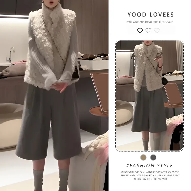 韩系圆领针织上衣保暖百搭马甲女2025冬季新款时尚阔腿中裤三件套