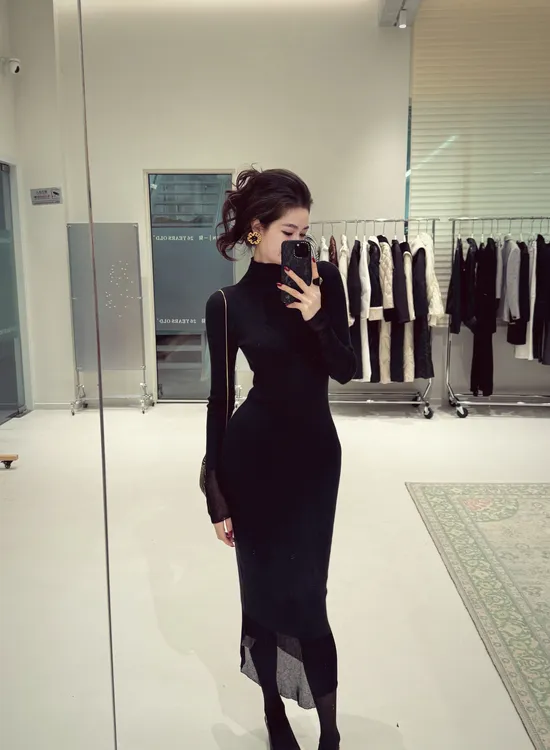 金南一康赛妮兰精天丝羊绒超细纱线纱质拼接针织连衣裙0101411311