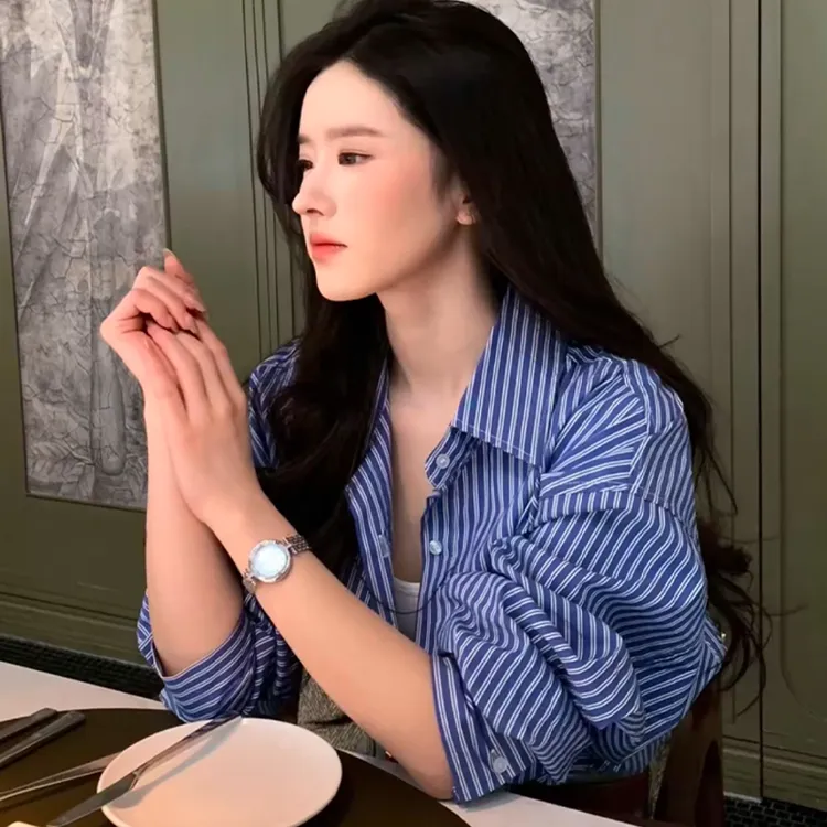 刘亦菲同款【常青树】#秋上新 25新款高智感翻领条纹长袖衬衫