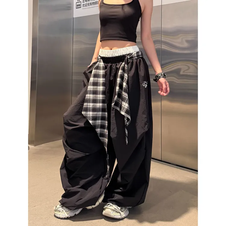 美式复古叠穿格子腰搭休闲裤女夏季新款设计感宽松阔腿弯刀裤子