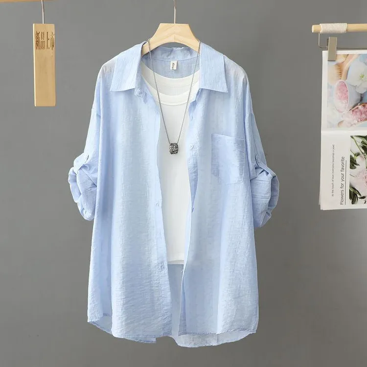 夏天抗皱免烫款爆款洋气蓝色防晒衬衫女甜美休闲开衫上衣长袖外套