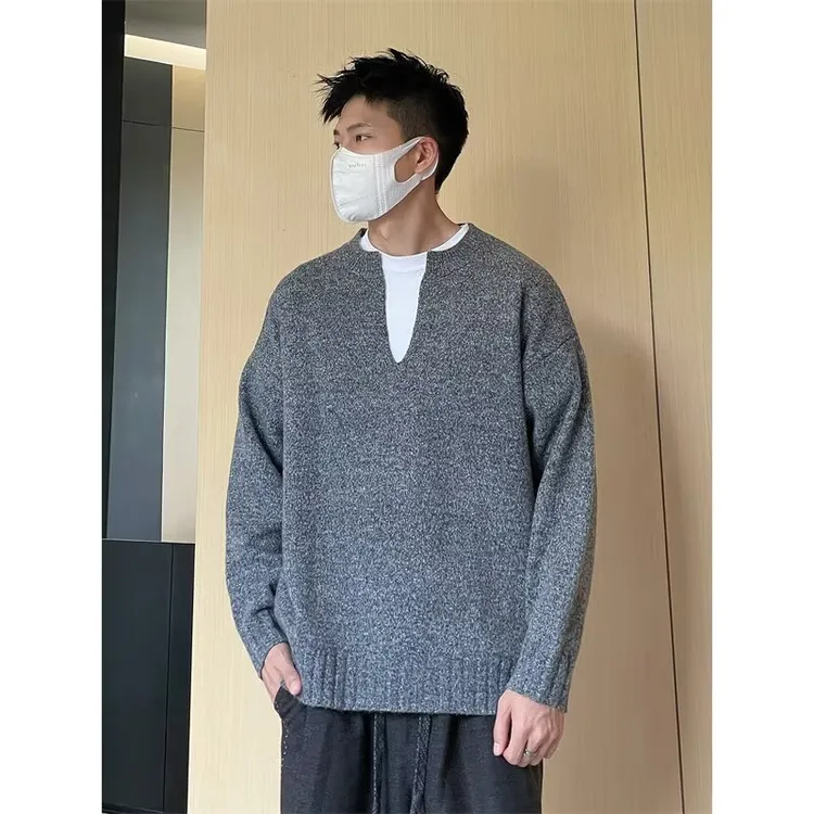 冬季复古保暖V领慵懒针织衫男休闲套头外套秋季情侣毛衣穿搭百搭