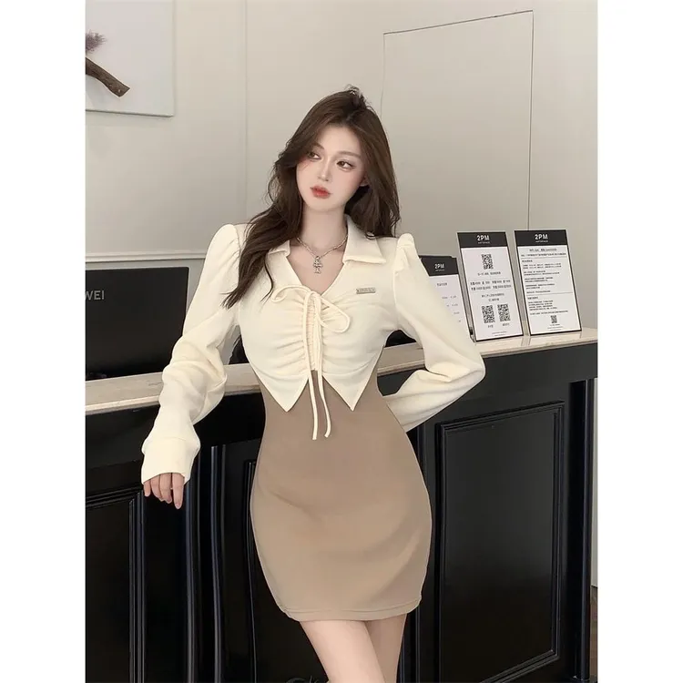 法式温柔风长袖连衣裙女性感修身设计感小众包臀裙子假两件