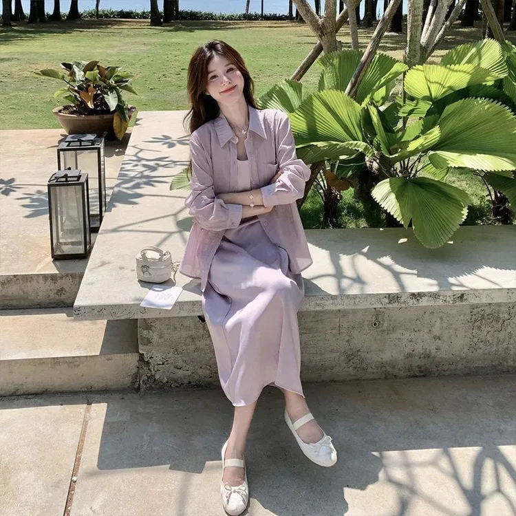 紫色轻薄衬衫吊带裙套装女2025夏超火今年流行气质温柔度假连衣裙