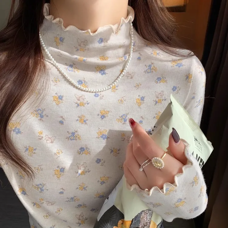 小碎花木耳边半高领打底衫女内搭2025年春秋季新款甜美高级感上衣