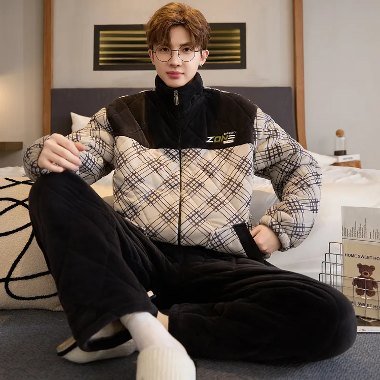 冬季加绒冬款加厚男睡衣海岛绒棉袄三层夹棉男士家居服套装冬天