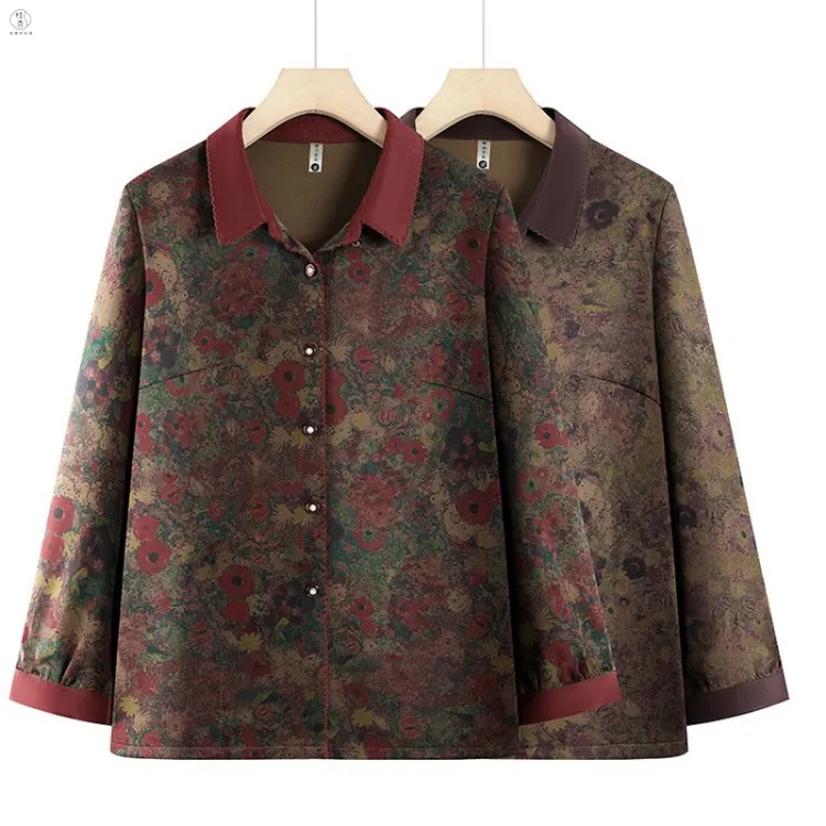 奶奶秋装衬衫长袖上衣中老年人妈妈装春秋宽松厚衬衣大码衣服外套