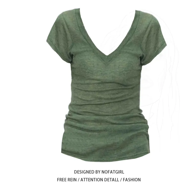 大码胖MM美式辣妹温柔V领正肩短袖t恤女夏季纯欲微透修身收腰上衣