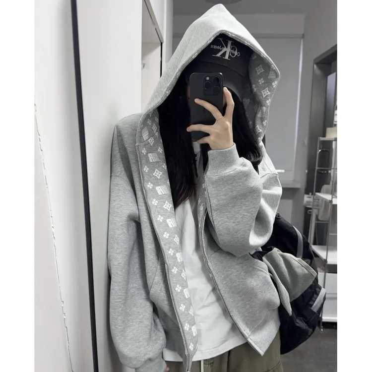 花灰色满印花内连帽卫衣男春秋款情侣开衫上衣慵懒风美式正肩外套