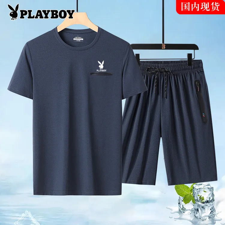 花花公子夏季冰丝套装男士休闲宽松弹力运动短袖短裤两件套爸爸装