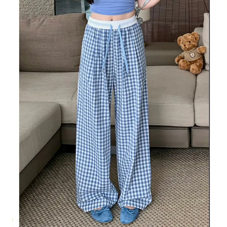 2025款复古黑白格子裤子女高腰宽松休闲时尚松紧腰直筒阔腿长裤女
