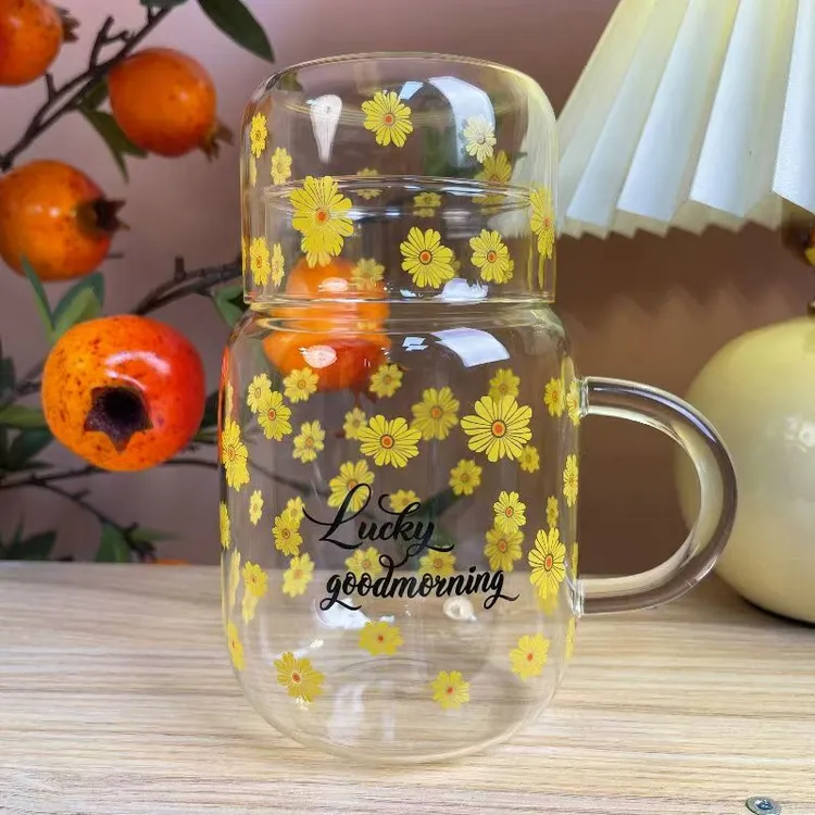大容量高硼硅雏菊直饮水杯透明玻璃创意大容量印花可爱家用耐热