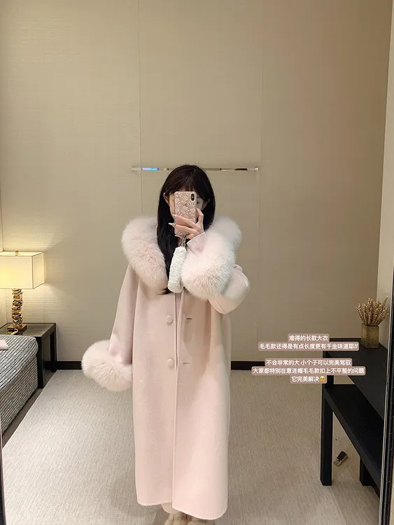 【奶油甜心】羊毛双面呢重磅氛围感狐狸毛领长款大衣连帽气质时尚