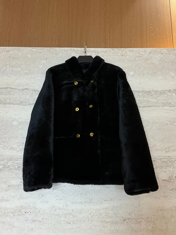 TANTAN 时尚设计款秋冬翻领双排扣皮毛一体外套3706