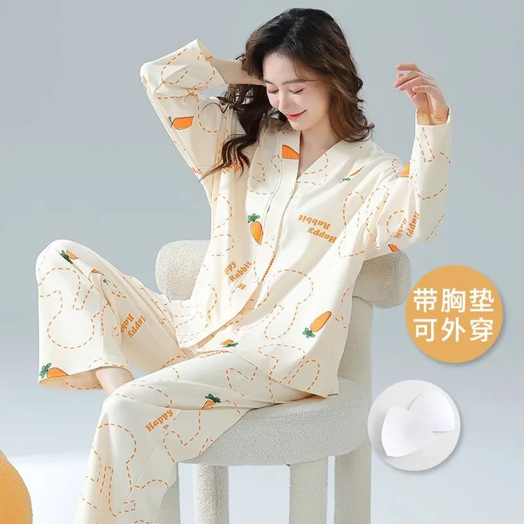带胸垫睡衣女春秋季长袖开衫网红家居服秋天V领可爱卡通套装休闲