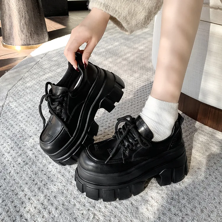 2025秋新款松糕厚底松糕英伦风JK小皮鞋女百搭真皮系带增高乐福鞋