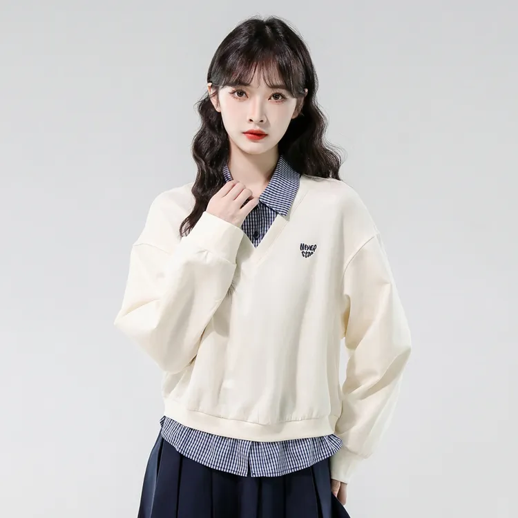 韩系假两件格子拼接卫衣女秋季2025新款设计感百搭减龄长袖衬衣潮