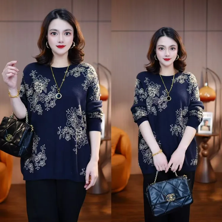 深蓝绣境A奶奶装大码圆领针织衫毛衣洋气女百搭冬季显瘦保暖宽松 
