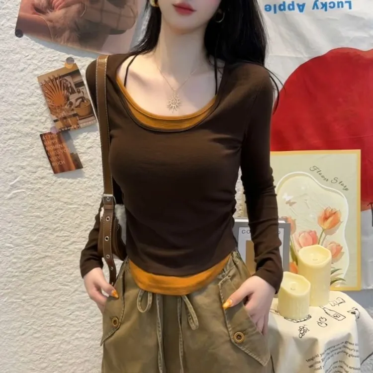 2025春秋新款撞色假两件长袖T恤女独特别致内搭打底衫辣妹上衣
