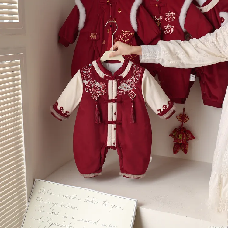 宝宝百天冬款红色衣服婴儿喜庆百日宴爬服婴幼儿周岁生日抓周礼服