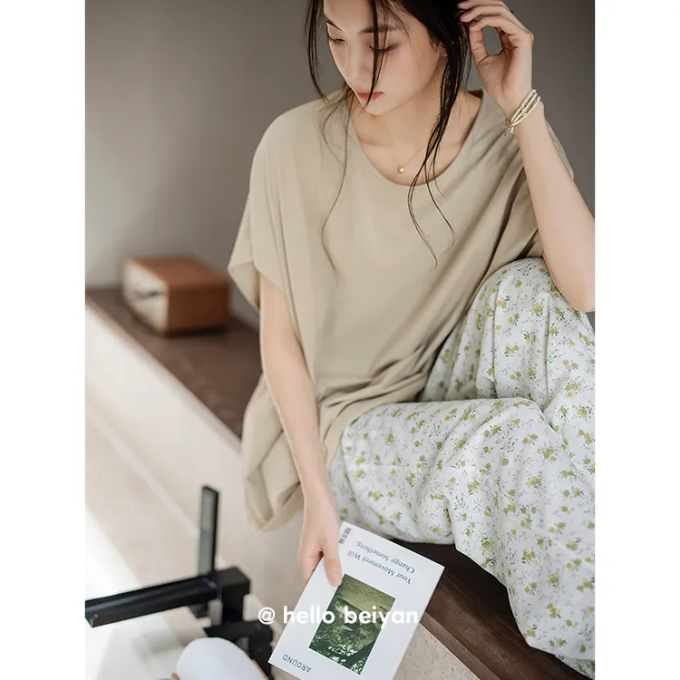 贝妍夏季薄款莫代尔棉睡衣女甜美小碎花田园风短袖长裤家居服套装