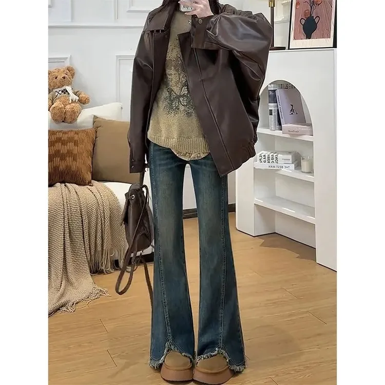 加绒复古微喇牛仔裤女2025秋季新款高腰弹力显瘦毛边开叉喇叭裤子