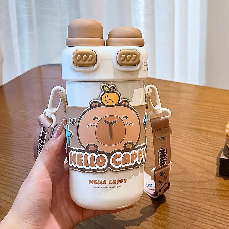 卡皮巴拉双盖保温杯高颜值大容量出门便携学生上课喝水杯子茶杯