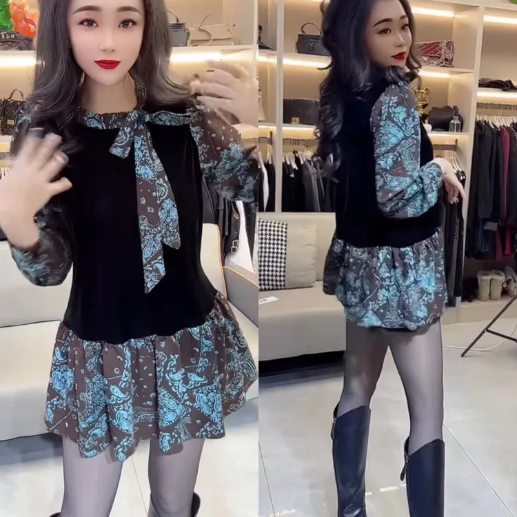 拼接常规款中长款圆领大衫