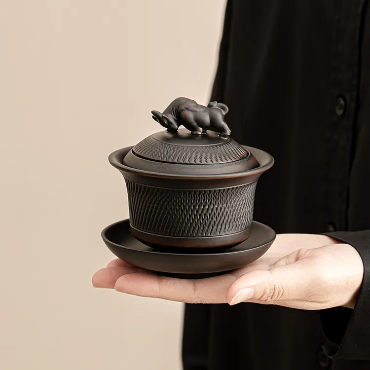 紫陶牛转乾坤旋转三才盖碗手工跳刀单个泡茶盖碗悬停中式复古茶碗