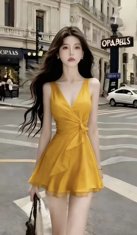 时尚氛围感显瘦A字裙露肩纯欲甜辣风短裙金色V领无袖收腰连衣裙