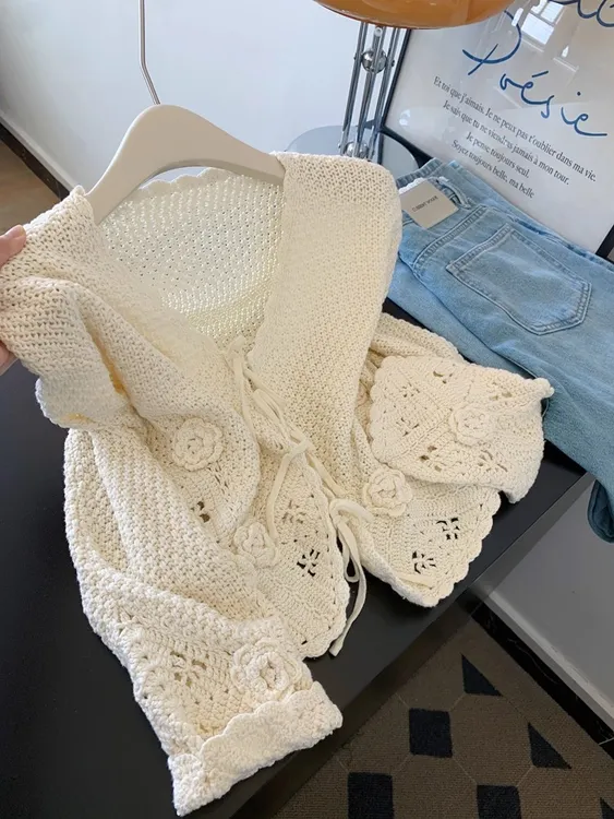 立体花朵镂空系带针织毛衣开衫外套女短款2025新款慵懒高级感上衣