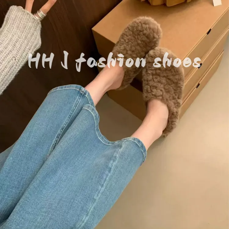 复古小众晚晚风毛呢包头半拖鞋女外穿一脚蹬厚底灰色毛毡勃肯鞋子