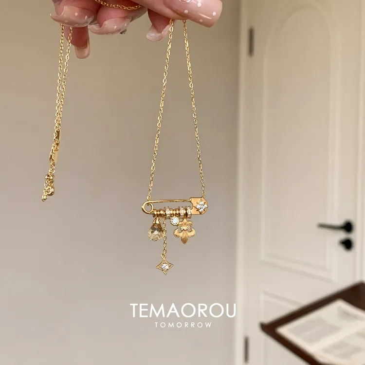 铜合金吊坠 新中式拉丝鸢尾花星芒吊坠别针项链中古气质锁骨链女