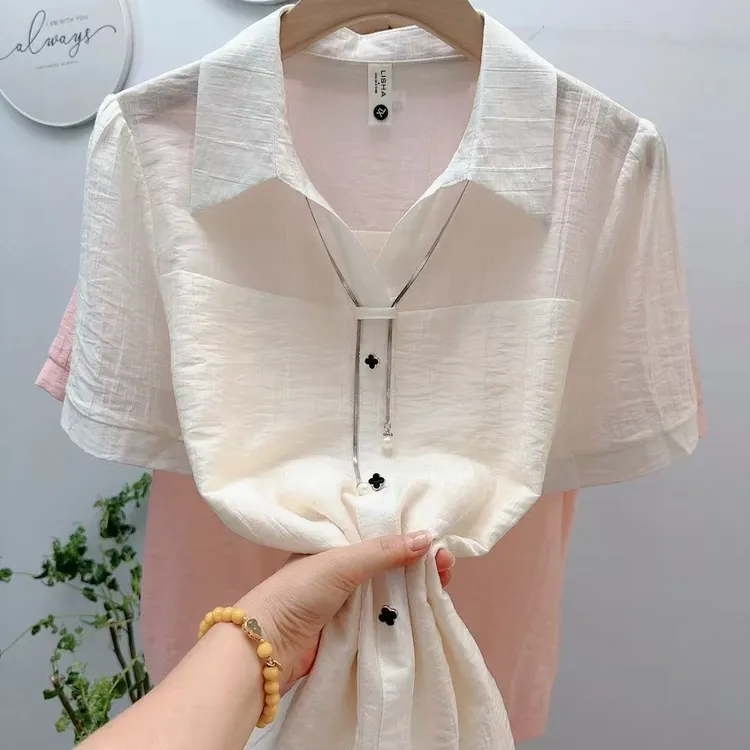 夏装新款衬衣时尚气质百搭短袖衬衫女上衣显瘦遮肉大码衬衫908-2