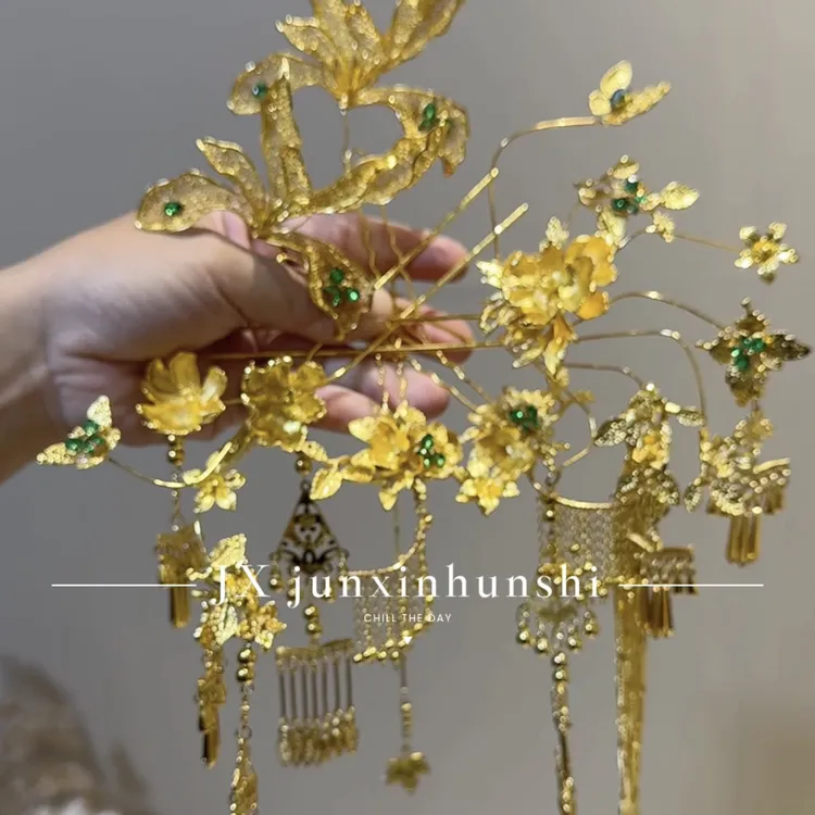 君心家 N3新品龙凤褂金钗绿钻流苏边夹九件套中式新娘饰品