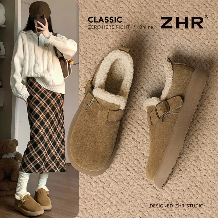 ZHR/则则一脚蹬女鞋棉鞋2025冬季加绒保暖毛绒勃肯鞋复古雪地靴女