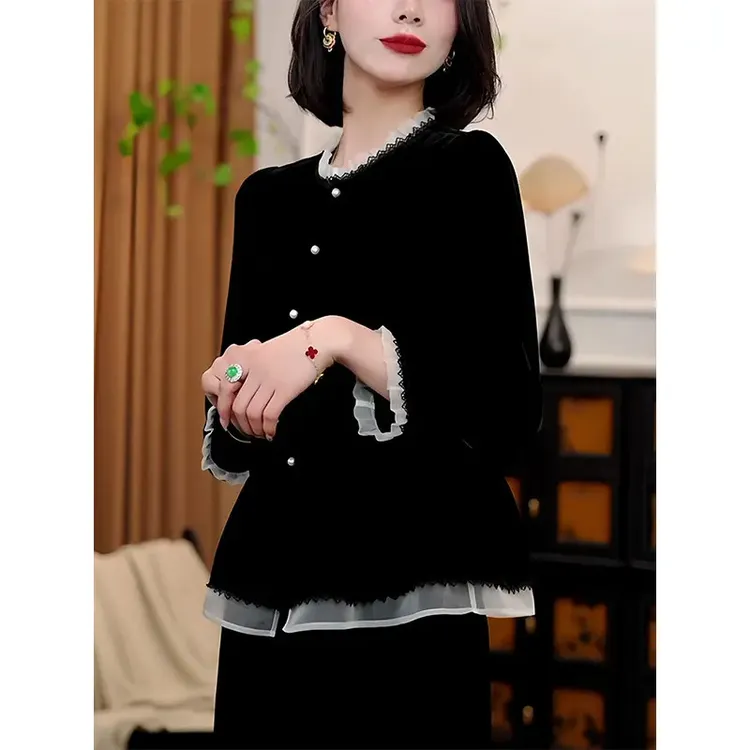 丝绒开衫设计款拼接设计小外套上衣女重工艺