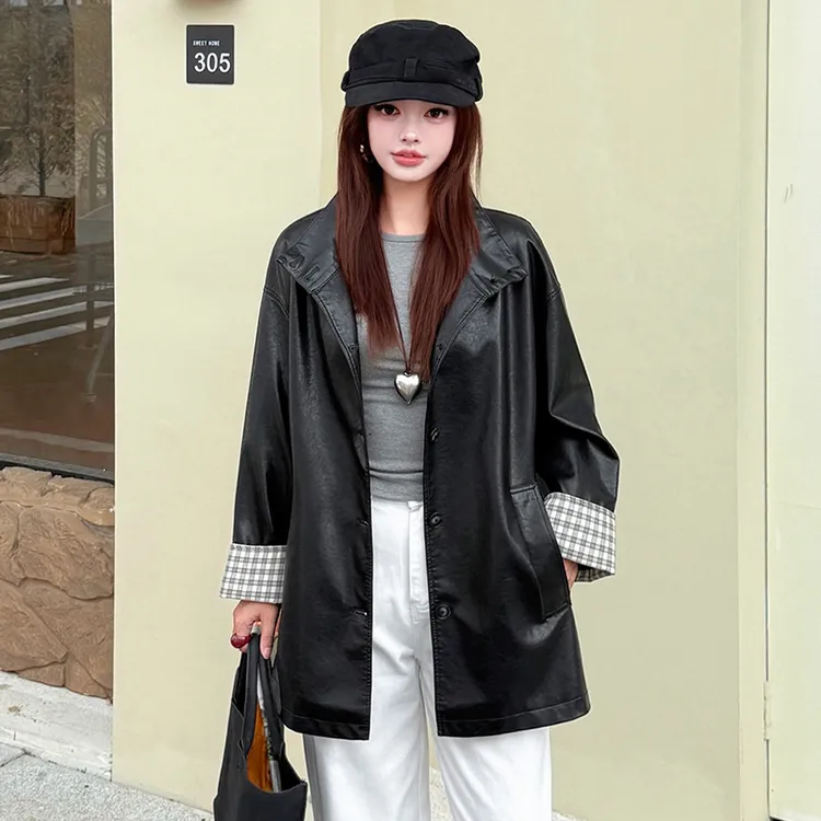 中长款拼接风衣女士咖色秋季PU皮上衣外套皮夹克秋冬宽松韩版衣服