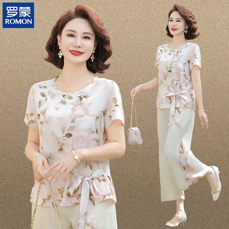 罗蒙时尚妈妈夏装休闲套装中年花色减龄短袖上衣中老年女薄两件套