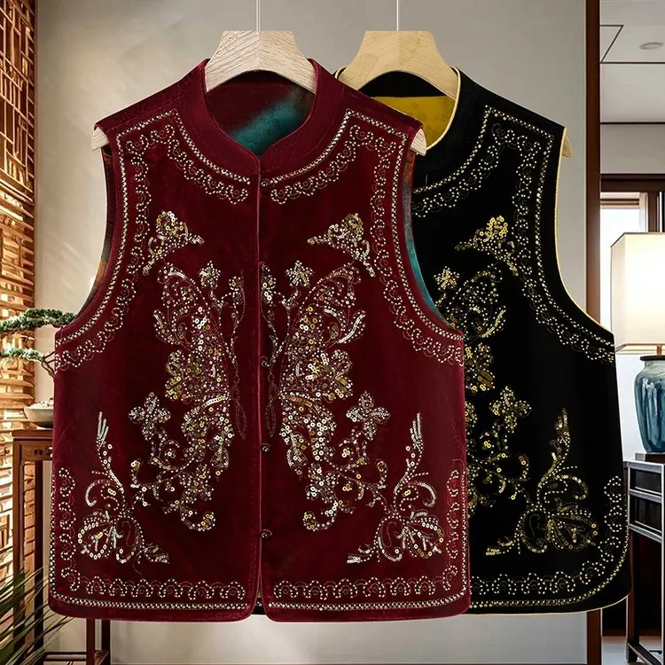 新中式国风女装马夹新年服春秋新款重工钉珠刺绣丝绒马甲时尚高贵