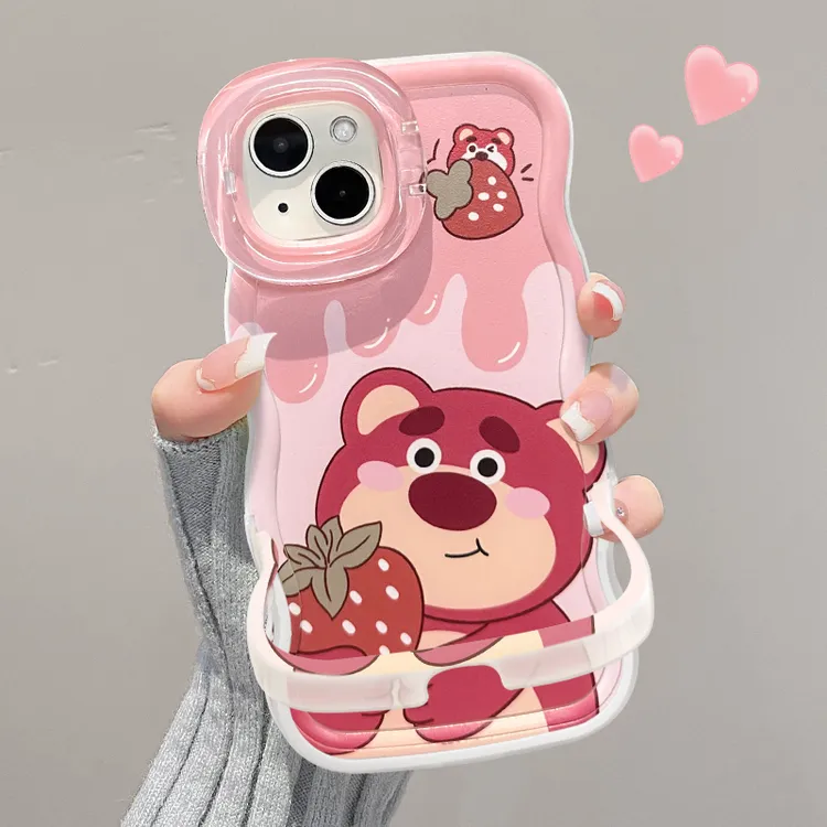 维尼草莓熊适用苹果15华为oppo女款vivo小米iPhone16双支架手机壳