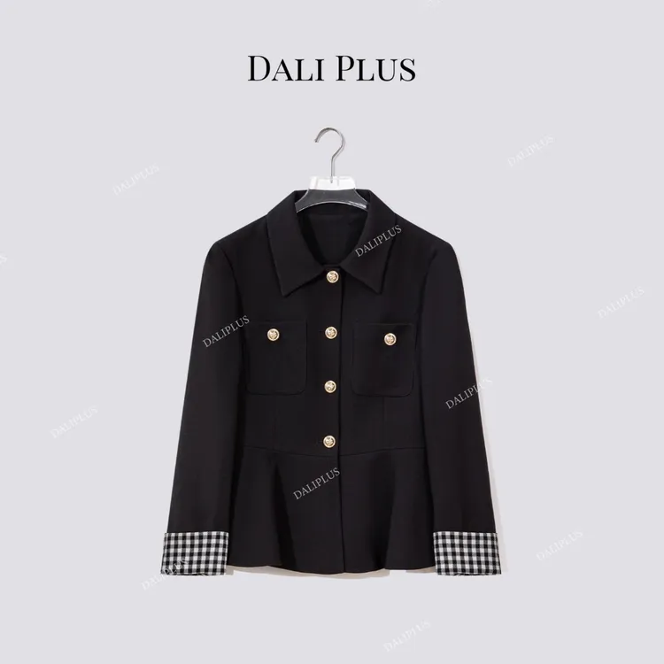 DALI PLUS“格纹袖外套” 单排扣收腰伞摆气质长袖外套-D5SS7234