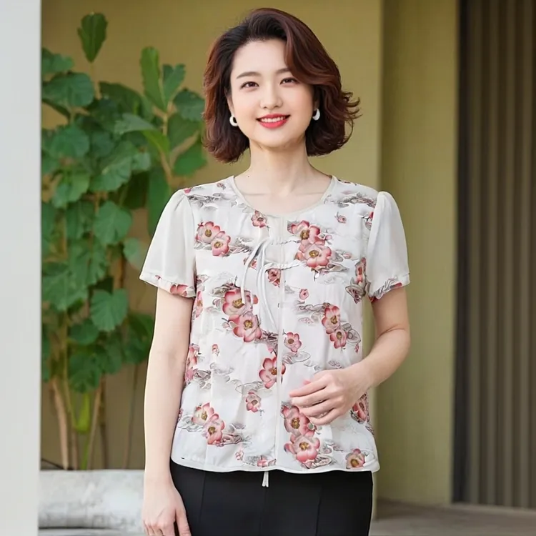 奶奶夏装洋气高贵短袖上衣中老年人夏季圆领T恤女妈妈新中式衣服
