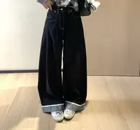 韩11韩系ins复古黑金色拼接设计直筒休闲牛仔裤37755