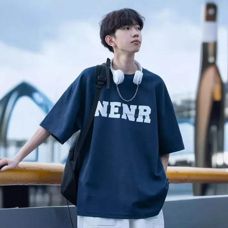 百搭潮流时尚港风日系ins印花圆领半袖T恤男夏季宽松休闲上衣，简