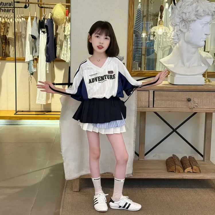 2025夏季美式短袖球服百褶裙套装新款女童休闲撞色条纹印花T恤潮